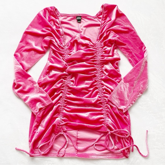 Barbie Core Hot Pink Velvet Drawstring Mini Dress - Picture 2 of 8